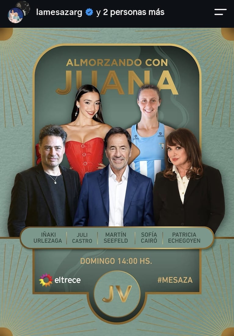 Los invitados de Juana Viale del domingo 6 de septiembre del 2026 (Foto: captura de Instagram/@lamesazarg).