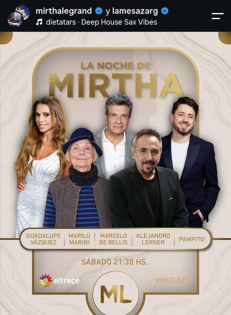 Los invitados de La Noche de Mirtha del sábado 29 de agosto del 2026 (Foto: captura de Instagram/@lamesazarg).