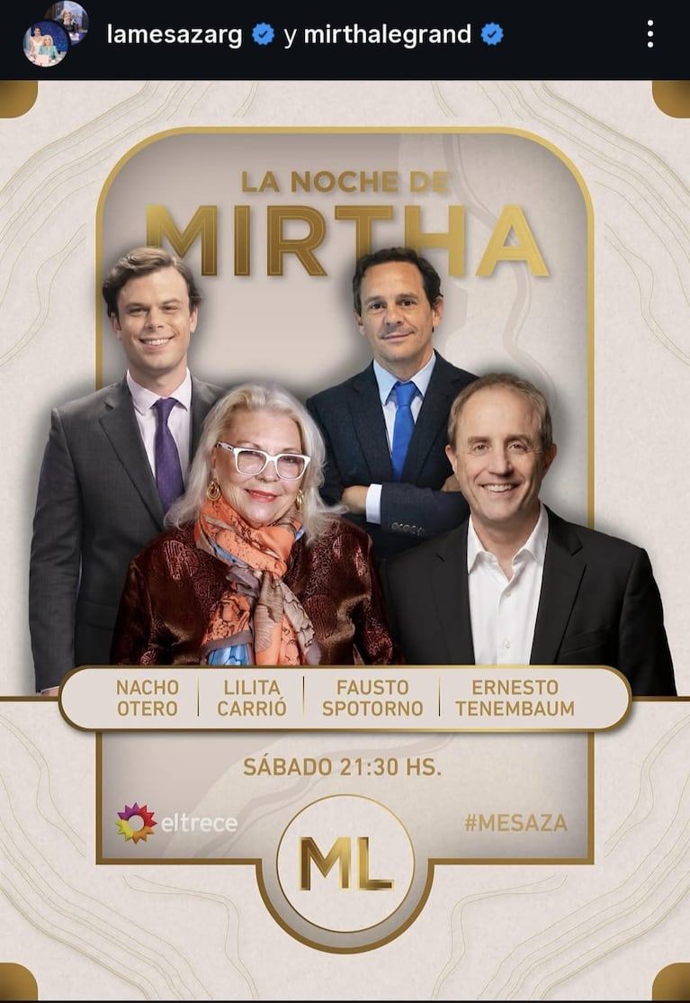Los invitados de Mirtha Legrand del sábado 13 de junio del 2026 (Foto: Instagram/@lamesazarg).