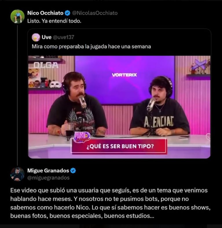 Los lapidarios tweets que intercambiaron Nico Occhiato y Migue Granados  (Foto: captura Twitter/ X)