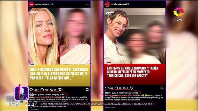 Los likes de Allegra Cubero a la revista Paparazzi tras el conflicto familiar por sus 15 (Foto: captura de eltrece).