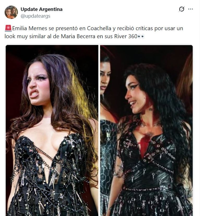 Los looks de la polémica de Emilia Mernes y María Becerra (Foto: X/@updateargs)
