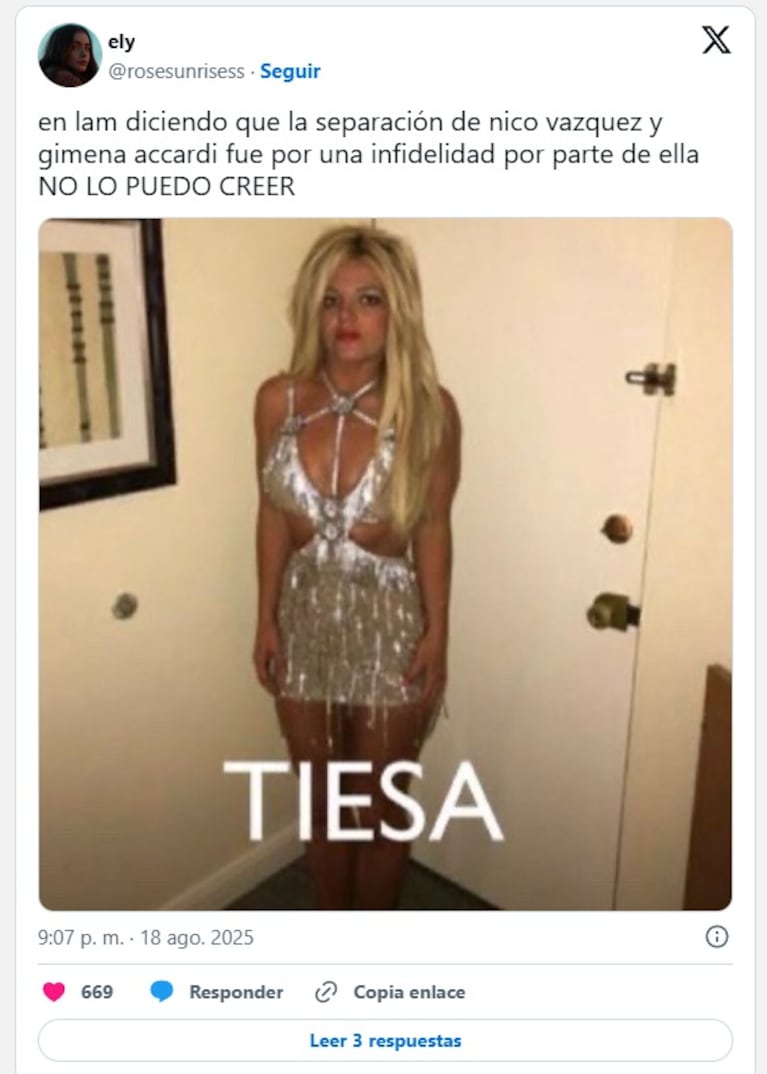 Los memes explotaron tras la confesión de Gimena Accardi sobre su infidelidad a Nicolás Vázquez. Crédito: X