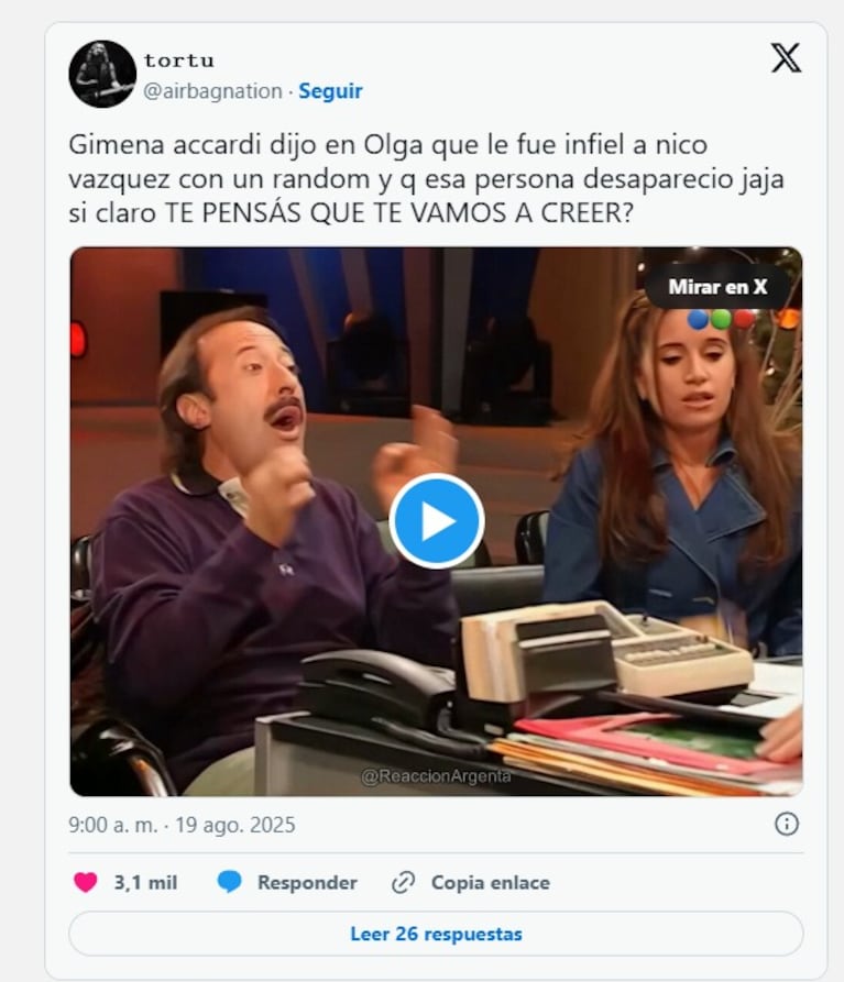 Los memes explotaron tras la confesión de Gimena Accardi sobre su infidelidad a Nicolás Vázquez. Crédito: X