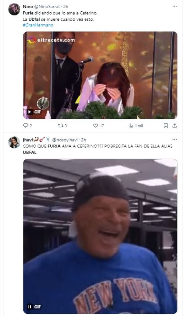 Los memes que generó la reacción de Furia tras la visita de Laura Ubfal y Ceferino Reato a la casa de Gran Hermano (Foto: Twitter / X)