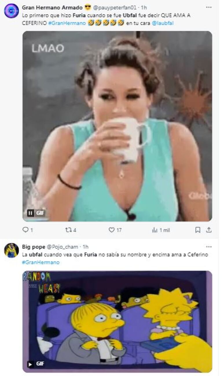 Los memes que generó la reacción de Furia tras la visita de Laura Ubfal y Ceferino Reato a la casa de Gran Hermano (Foto: Twitter / X)