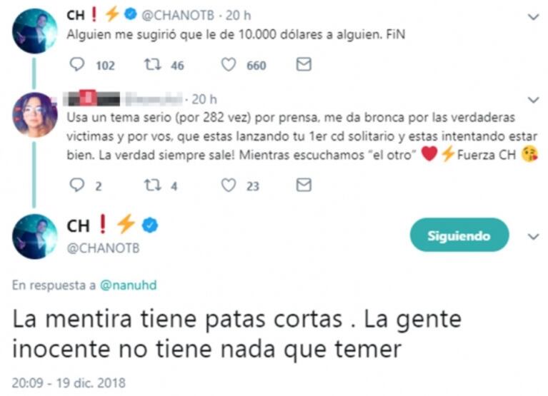 Los mensajes de Chano tras la denuncia por violación de Militta Bora: "La mentira tiene patas cortas"