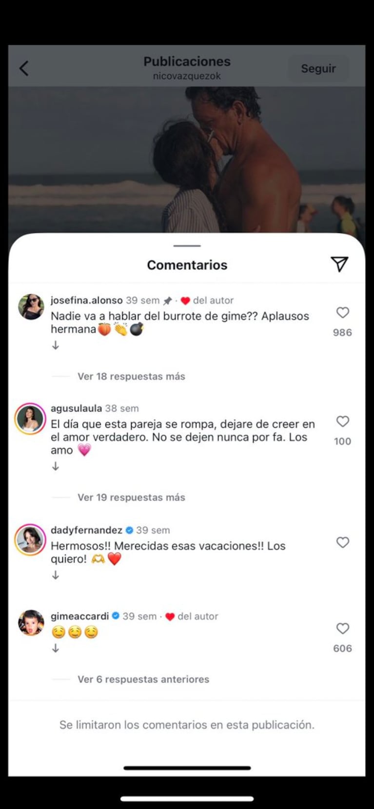 Los mensajes de Dai Fernández a Nico Vázquez y Gime Accardi en Instagram