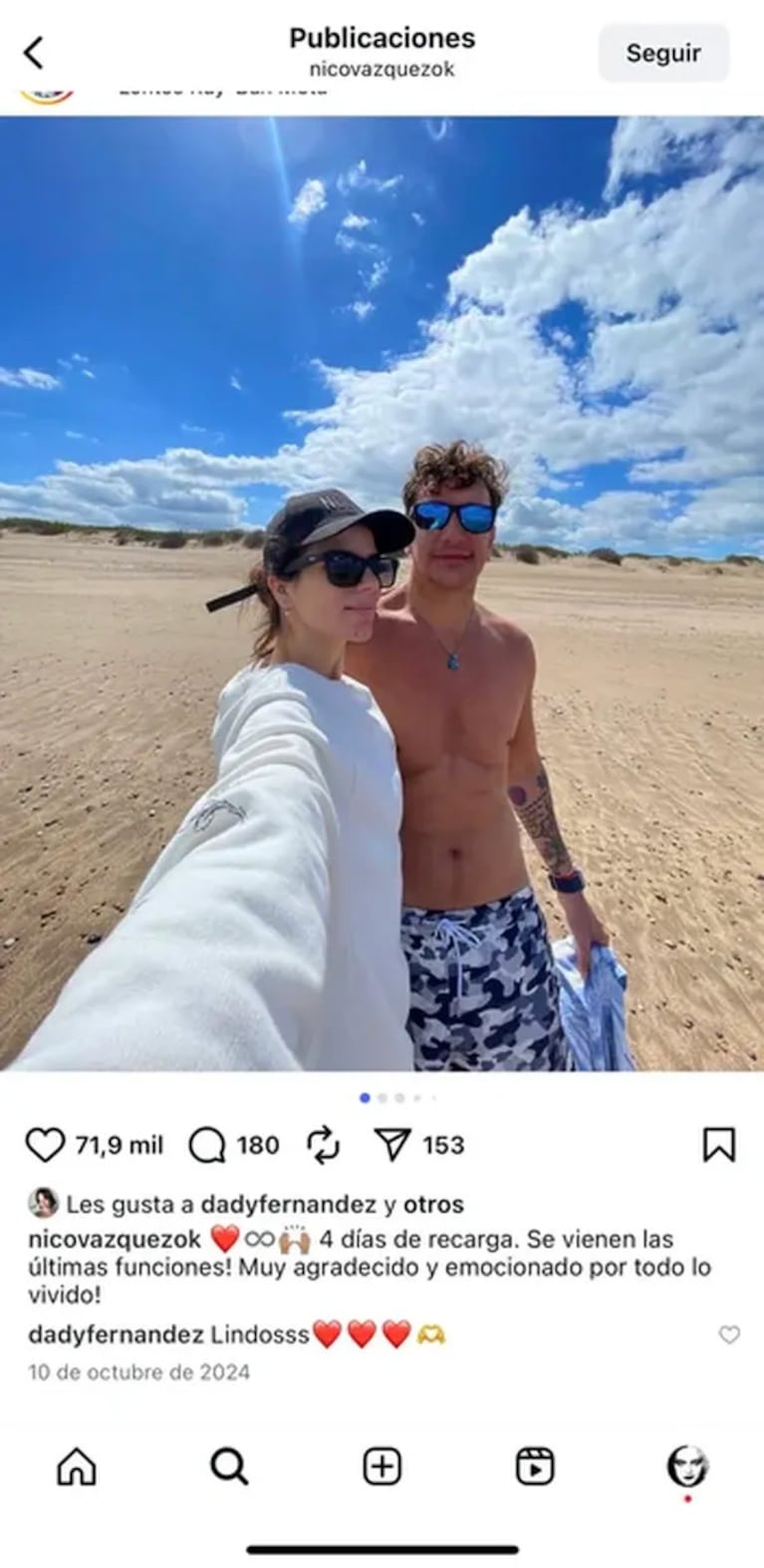 Los mensajes de Dai Fernández a Nico Vázquez y Gime Accardi en Instagram