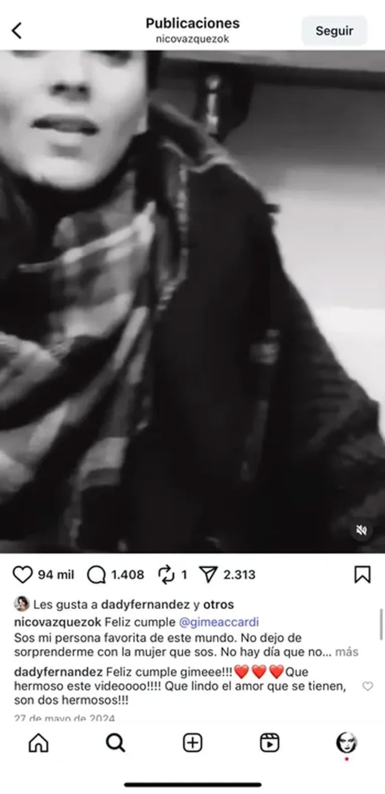 Los mensajes de Dai Fernández a Nico Vázquez y Gime Accardi en Instagram