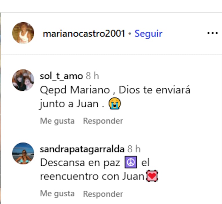 Los mensajes de despedida a Mariano Castro (Foto: captura de Instagram/@marianocastro2001).
