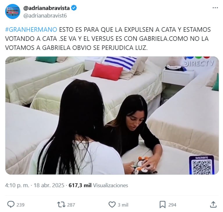 Los mensajes de los usuarios de las redes sociales contra Catalina y Gabriela de Gran Hermano por destrozar el peluche de Tato (Foyo: captura de X).