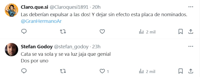 Los mensajes de los usuarios de las redes sociales contra Catalina y Gabriela de Gran Hermano por destrozar el peluche de Tato (Foyo: captura de X).