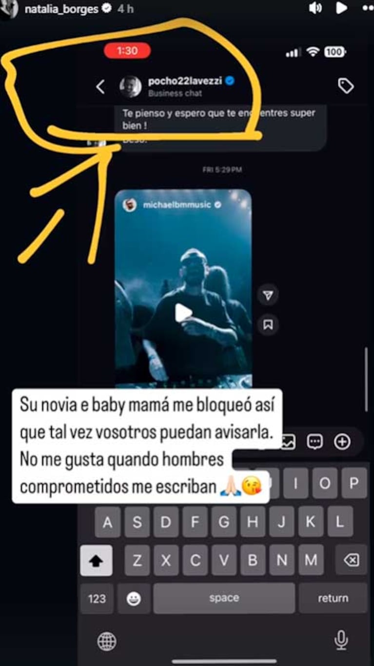 Los mensajes que Natalia Borges dice que le envió el Pocho Lavezzi (Foto: Instagram)