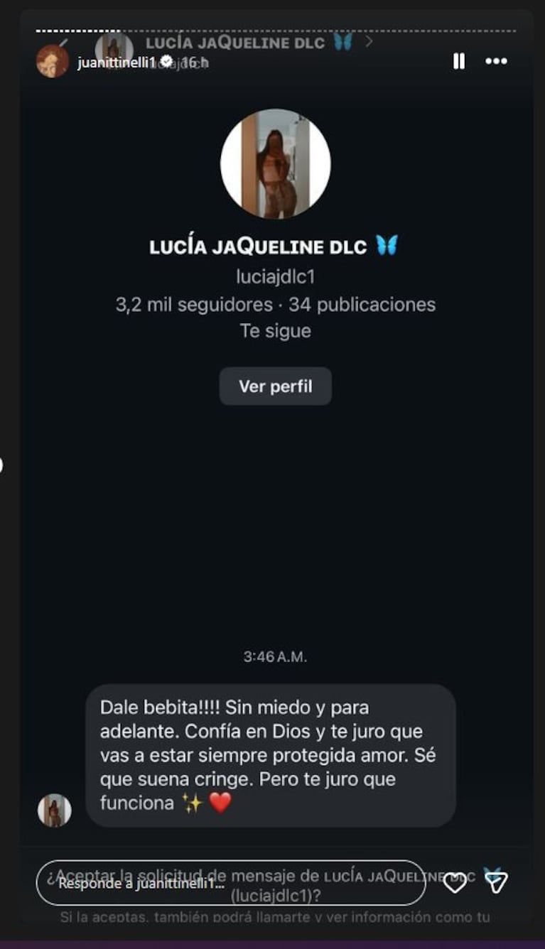 Los mensajes que replicó Juana Tinelli en Stories.