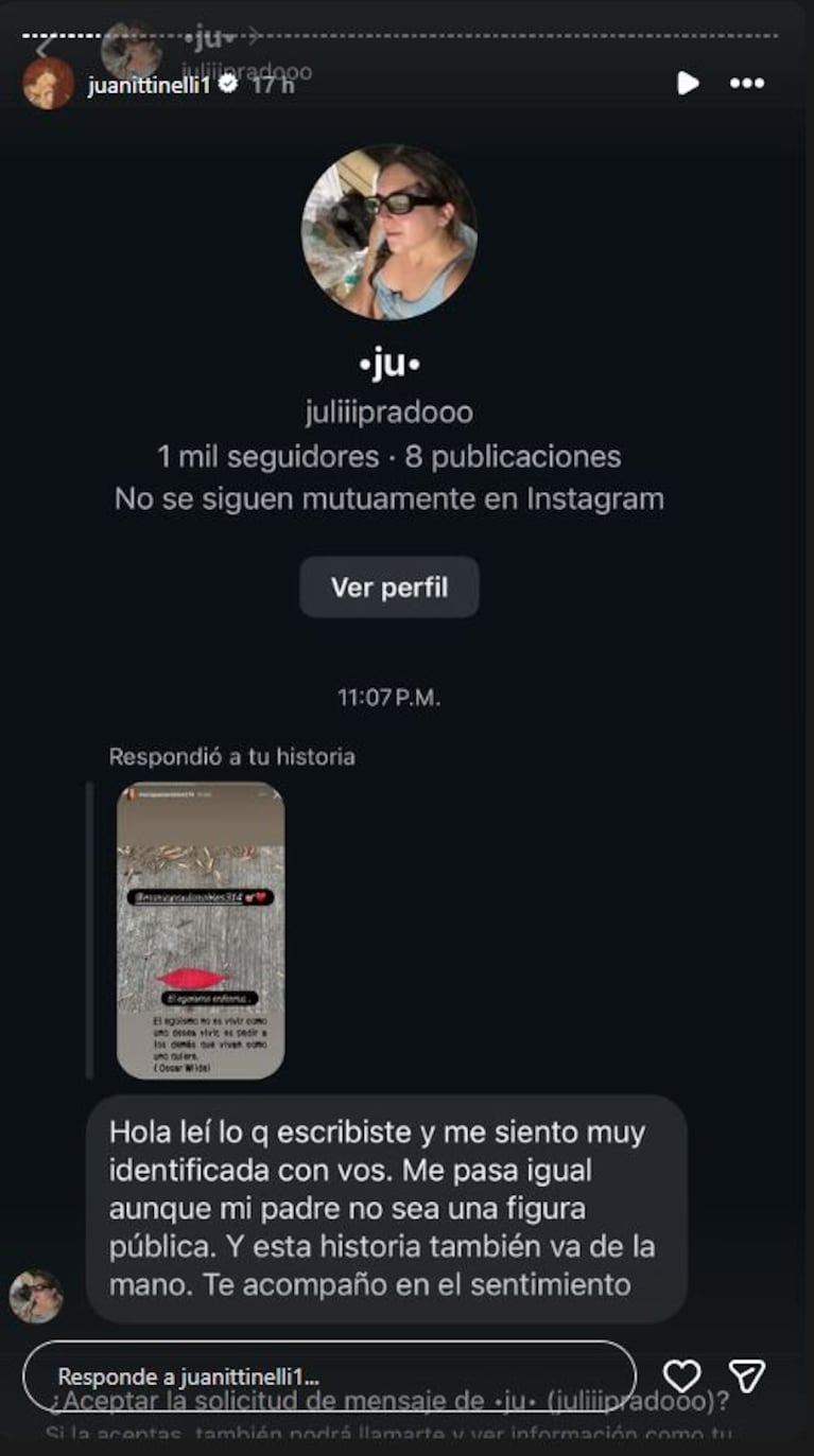 Los mensajes que replicó Juana Tinelli en Stories.