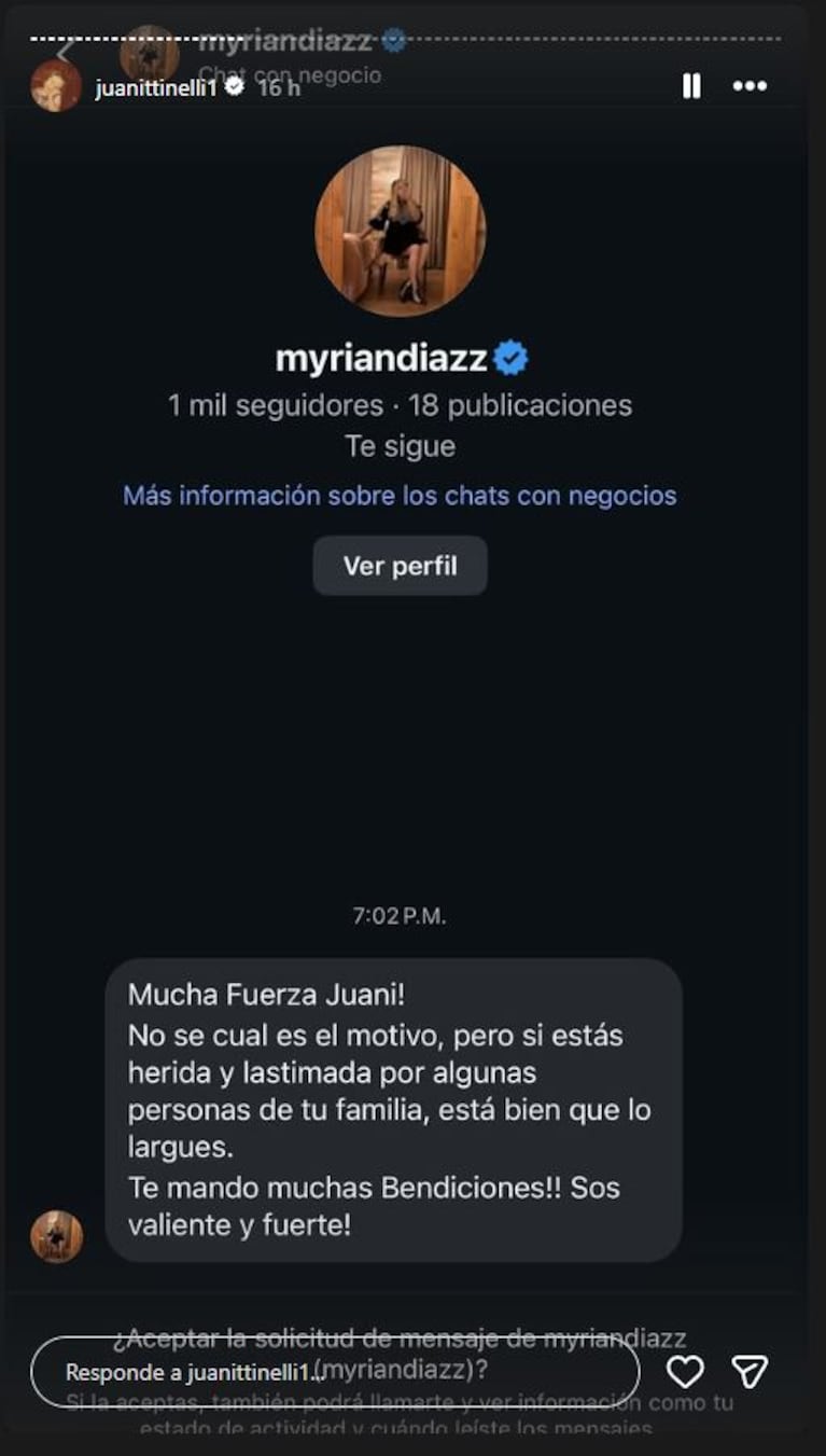 Los mensajes que replicó Juana Tinelli en Stories.