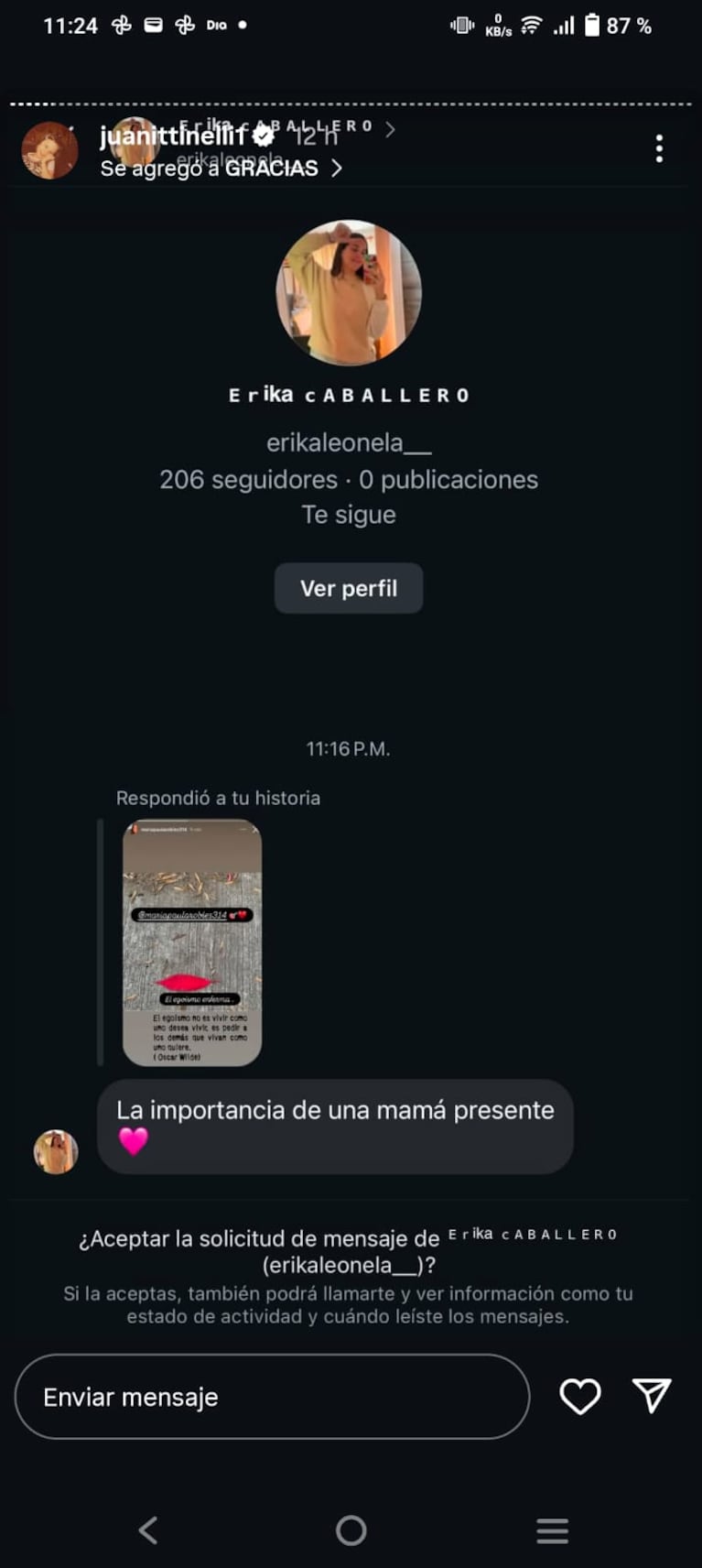 Los mensajes que replicó Juana Tinelli en Stories.