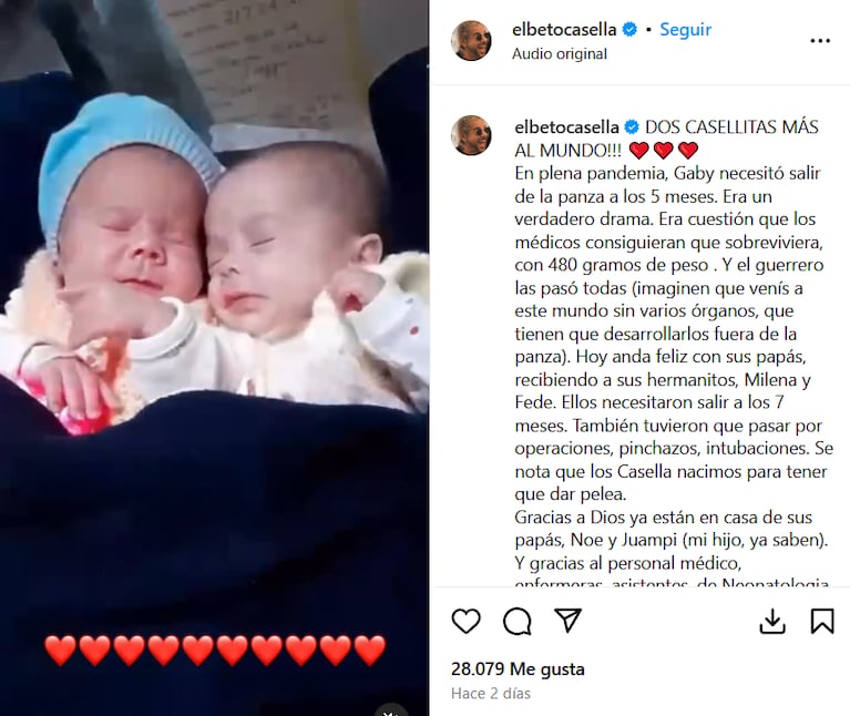 Los nietos mellizos de Beto Casella (Foto: captura de Instagram).