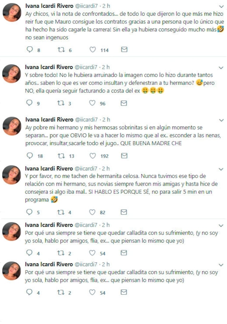 Los nuevos y tremendos tweets de Ivana Icardi contra Wanda Nara: "A mi hermano, le arruinó la imagen"
