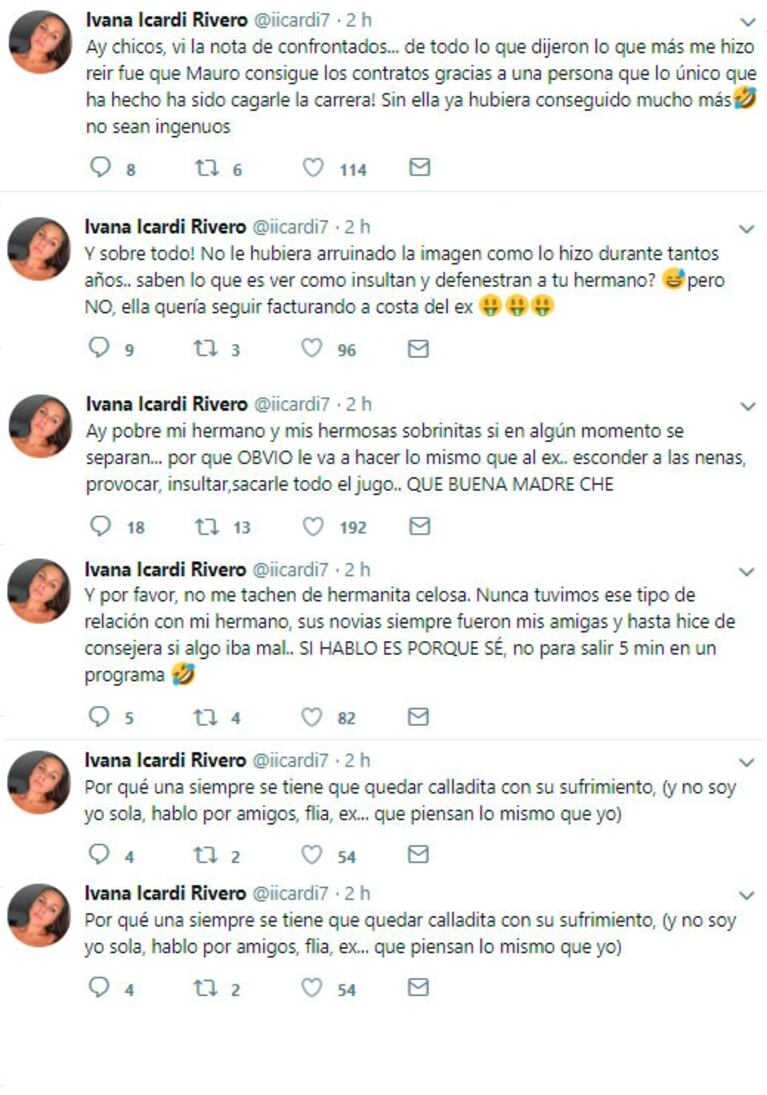 Los nuevos y tremendos tweets de Ivana Icardi contra Wanda Nara: "A mi hermano, le arruinó la imagen"