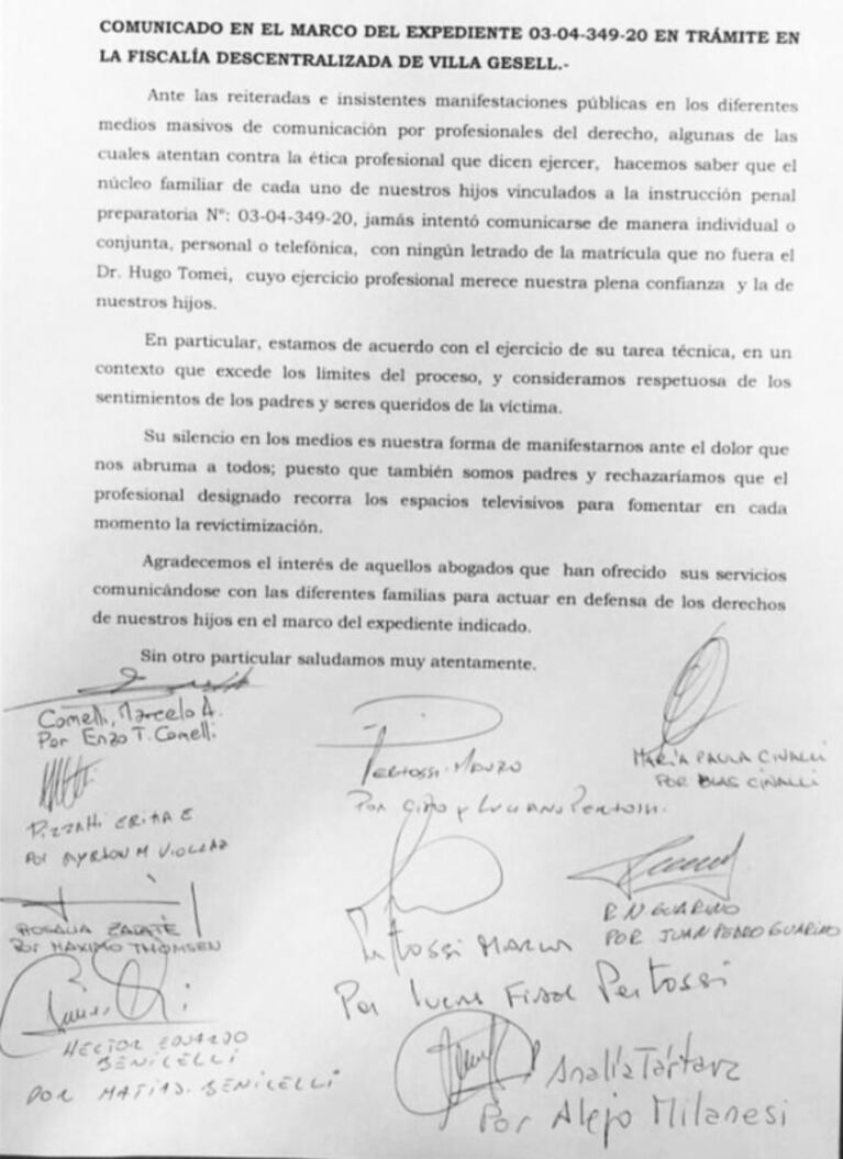 Los padres de los rugbiers explicaron por qué no hablan con la prensa: "Así manifestamos el dolor que nos abruma"