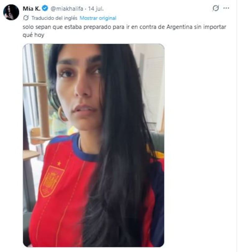 Los "palitos" de Mía Khalifa a la Selección Argentina (Foto: X.com / @miakhalifa)