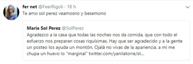 Los picantes "me gusta" de Sol Pérez tras su pelea con Yanina Latorre por catalogar su foto de "marginal"
