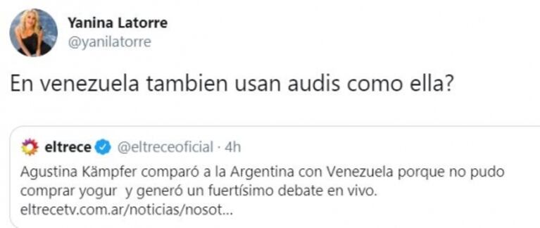 Los picantes tweets de Yanina Latorre y Ángel de Brito para Kämpfer tras comparar a la Argentina con Venezuela