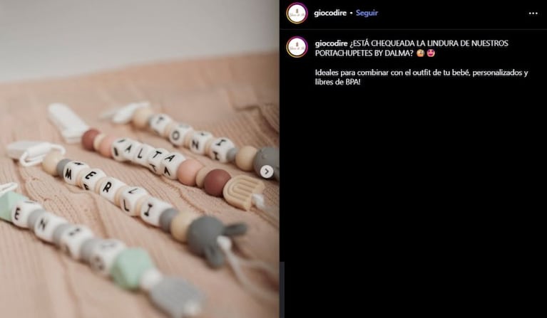 Los portachupetes artesanales que diseña y arma Dalma Maradona Fuente: Instagram Gioco di Re