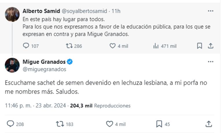 Los posteos de Alberto Samid hacia Migue Granados.