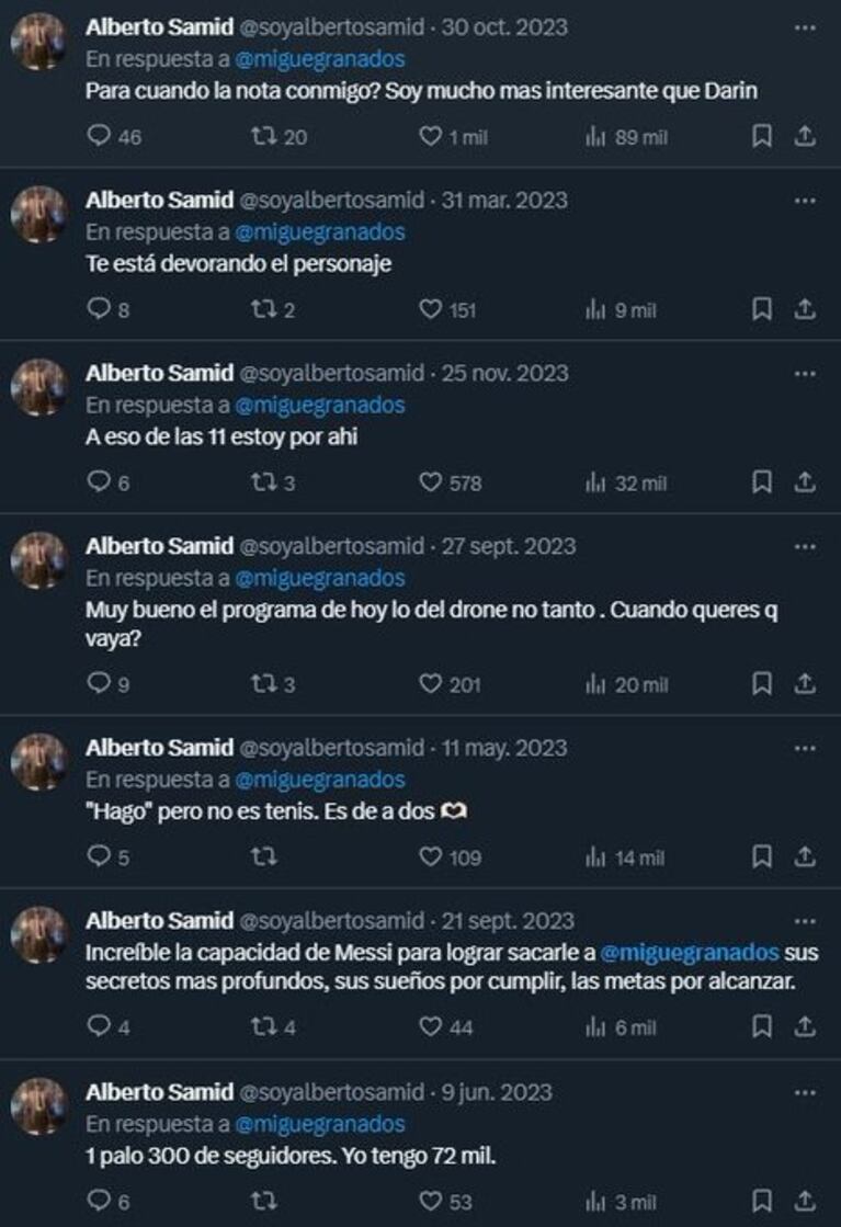 Los posteos de Alberto Samid hacia Migue Granados.