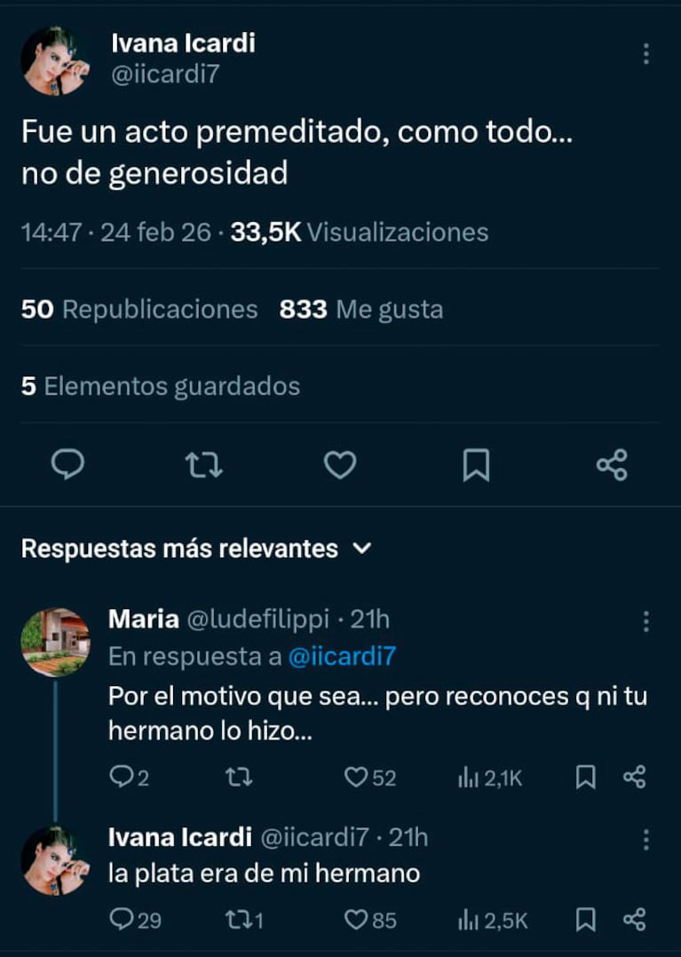 Los posteos de Ivana Icardi contra Wanda Nara por la casa de su papá.