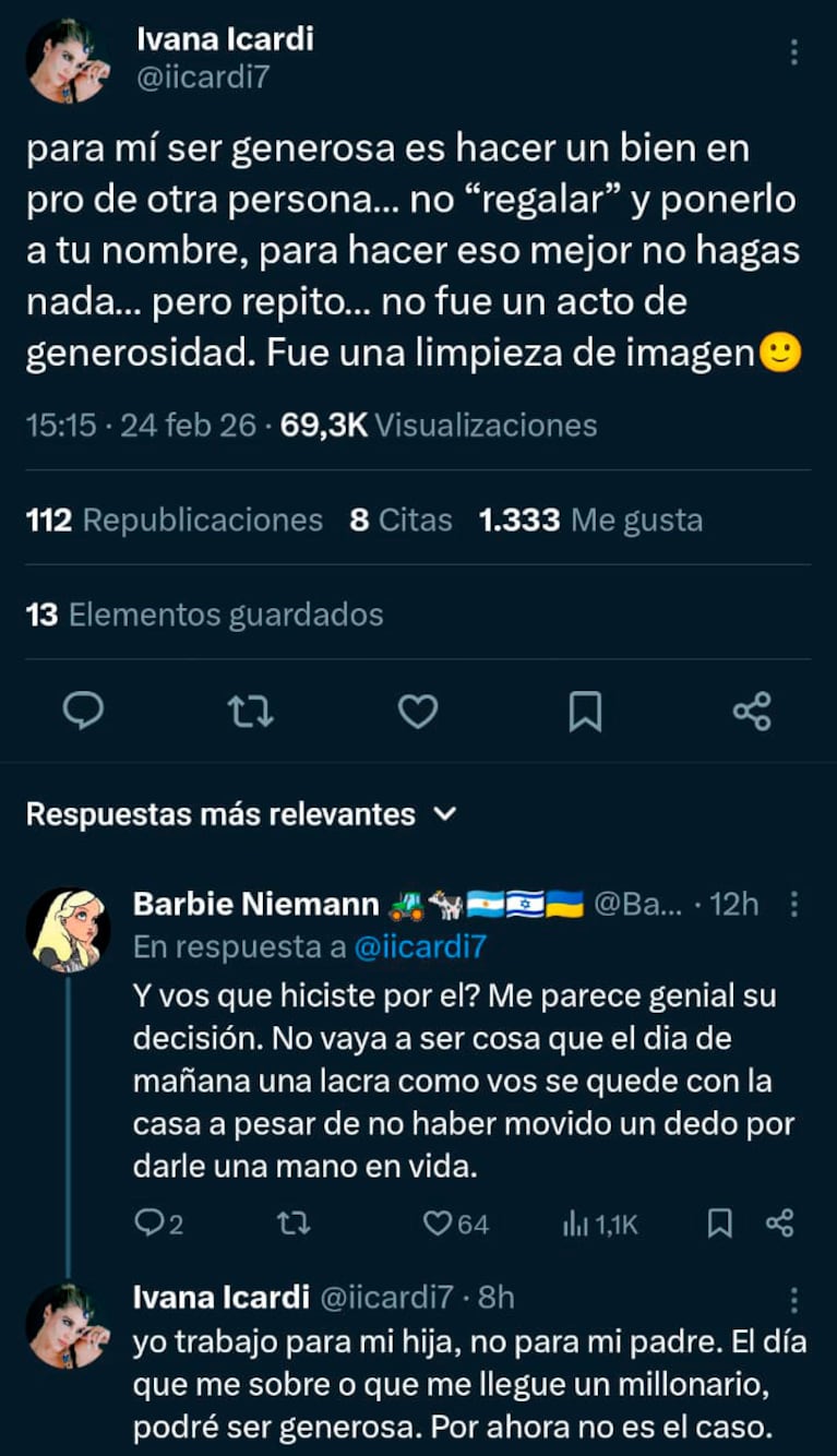 Los posteos de Ivana Icardi contra Wanda Nara por la casa de su papá.