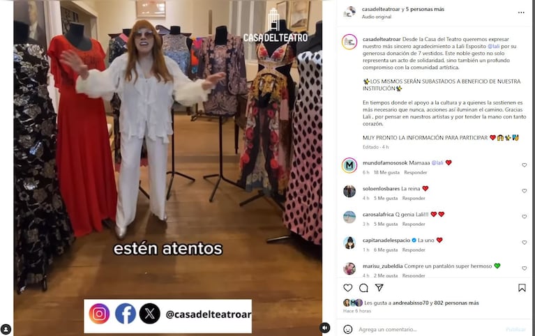 Los posteos de Linda Peretz en agradecimiento a Lali Espósito (Fotos: Instagram @lindaperetz10 y @casadelteatroar)