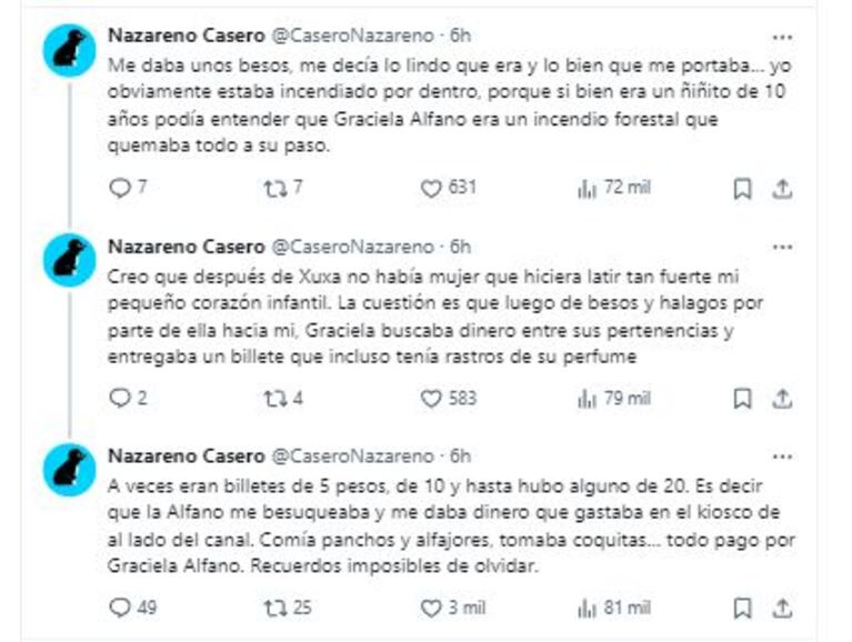 Los posteos de Nazareno Casero sobre Graciela Alfano en Twitter (Foto: Twitter / X @CaseroNazareno)