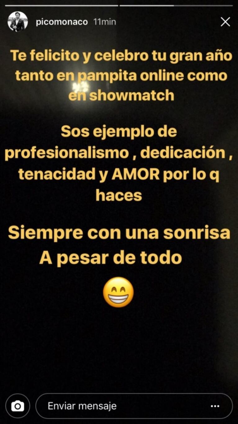 Los posteos de Pico Mónaco para Pampita en Instagram Stories, en plena final de Bailando 2017: "Siempre bella"