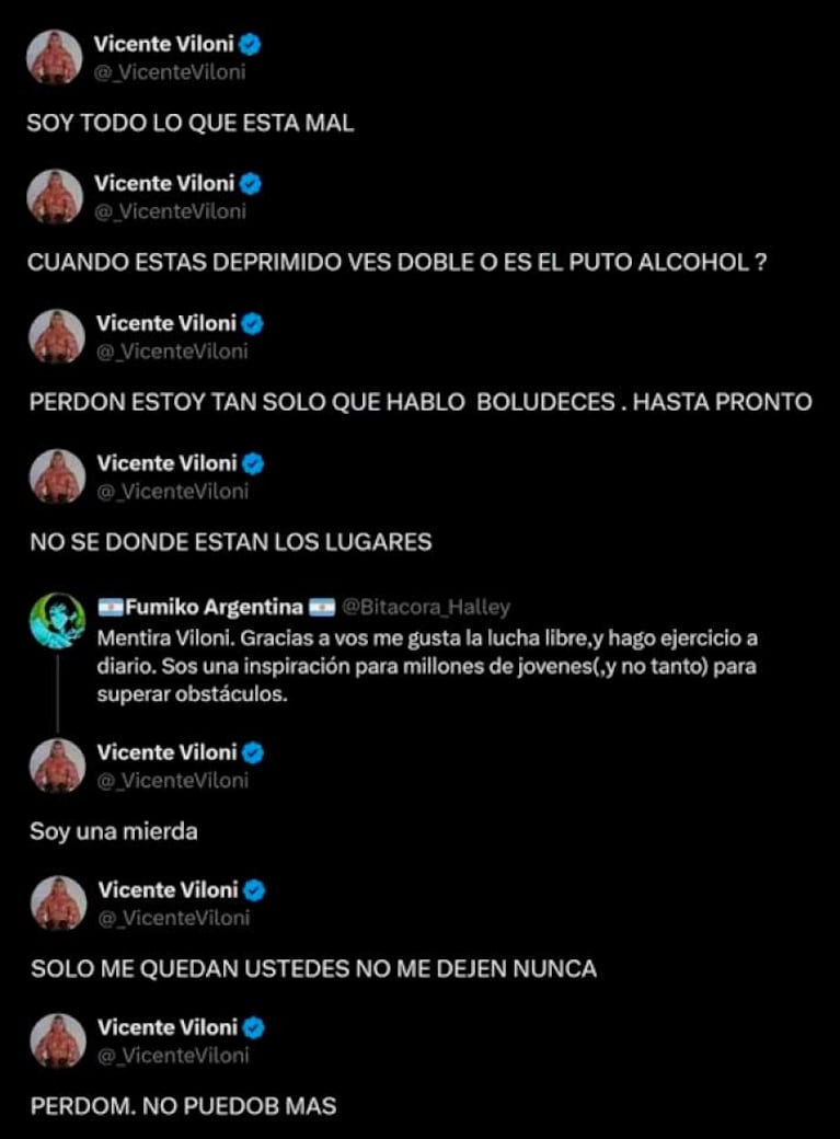 Los posteos de Vicente Viloni que causaron preocupación  (Foto: captura Twitter / X @@_VicenteViloni)