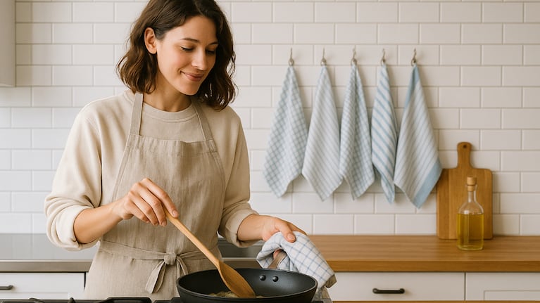 Los repasadores, un aliado cuando se cocina con aceite en la sartén. Foto: IA (ChatGPT)