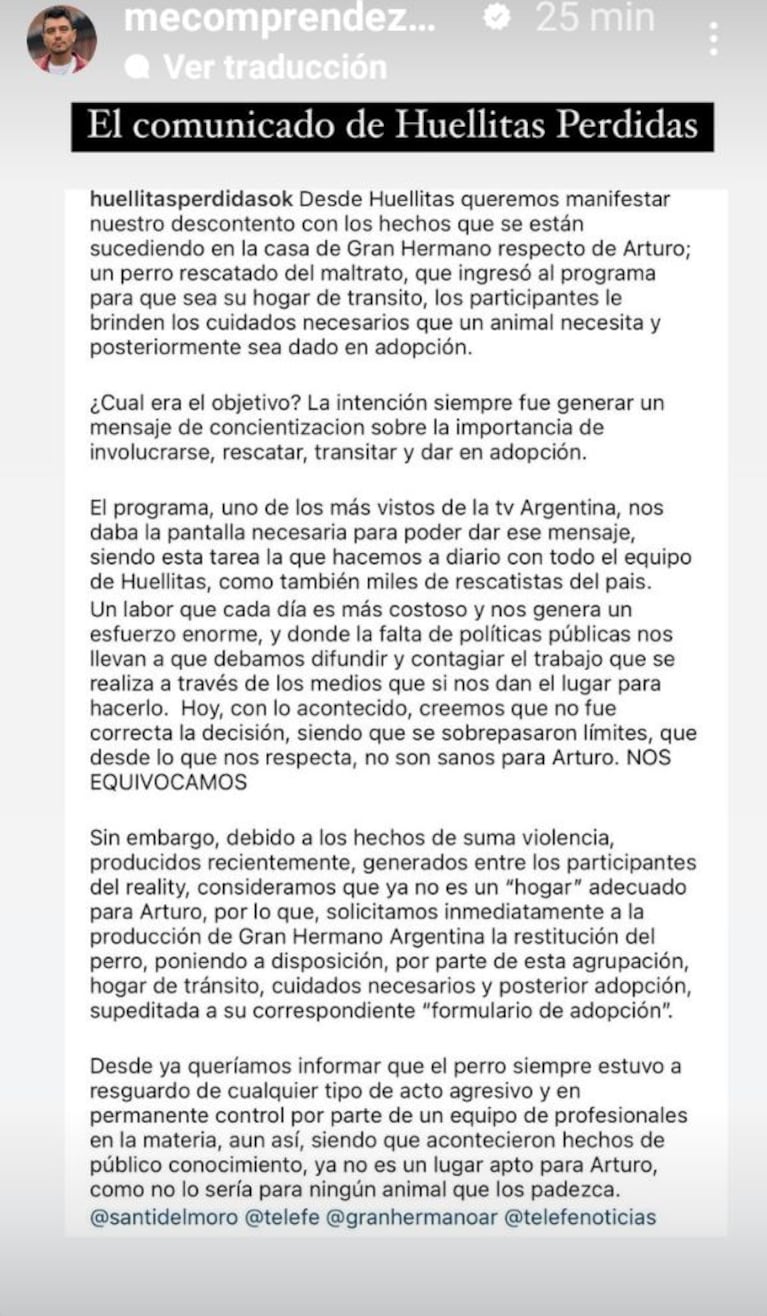 Los rescatistas de Arturo se arrepienten de haberlo hecho entrar a Gran Hermano: “No es un hogar adecuado”