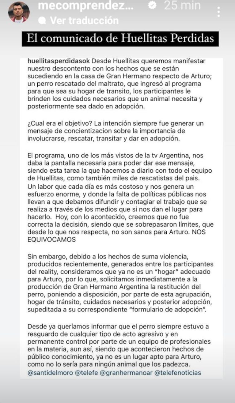 Los rescatistas de Arturo se arrepienten de haberlo hecho entrar a Gran Hermano: “No es un hogar adecuado”