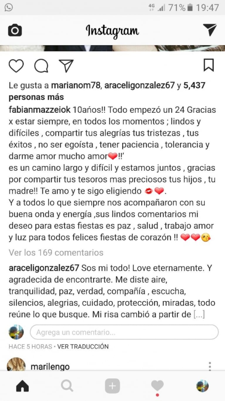 Los románticos mensajes entre Araceli González y Fabián Mazzei por sus diez años de amor
