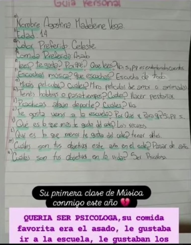 Los sueños que Agostina Vega no pudo cumplir: la emotiva tarea escolar que conmueve a Córdoba. Crédito: Instagram