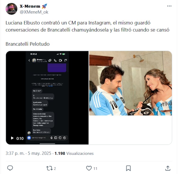 Los supuestos chats de Diego Brancatelli y Luciana Elbusto. (Foto: X @XMeneM_ok)