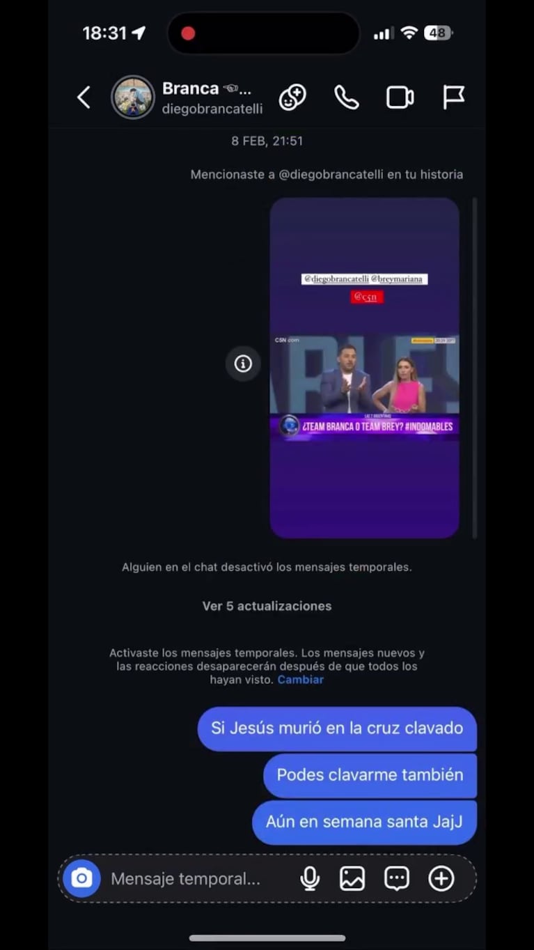 Los supuestos chats de Diego Brancatelli y Luciana Elbusto. (Foto: X @XMeneM_ok)