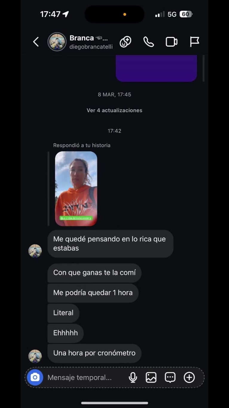 Los supuestos chats de Diego Brancatelli y Luciana Elbusto. (Foto: X @XMeneM_ok)
