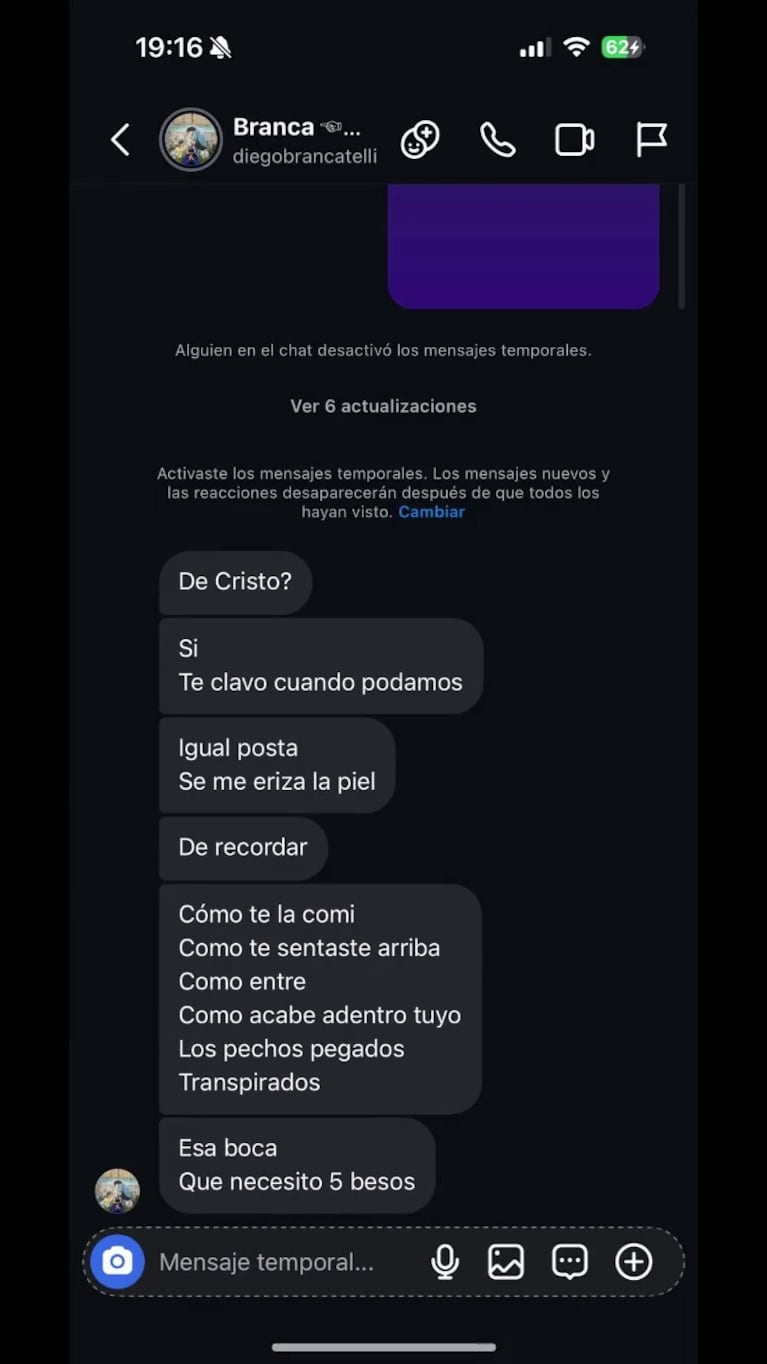 Los supuestos chats de Diego Brancatelli y Luciana Elbusto. (Foto: X @XMeneM_ok)