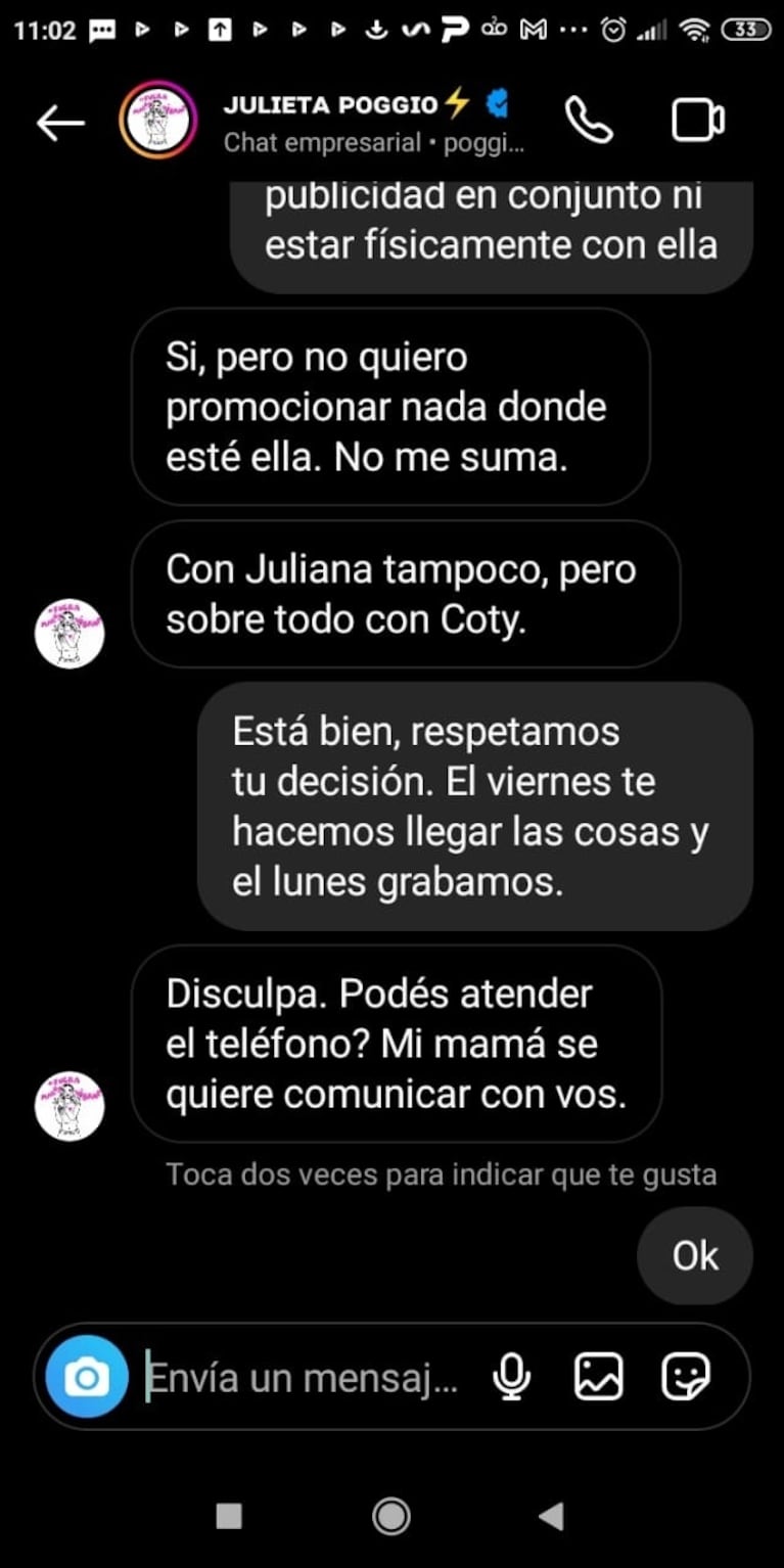 Los supuestos chats de Julieta Poggio con una marca de indumentaria (Foto: captura Twitter)