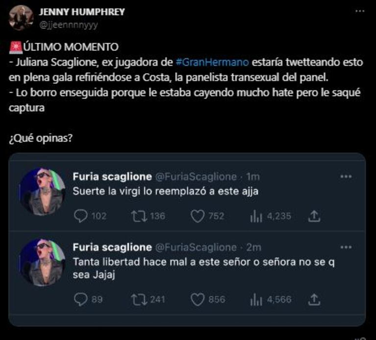 Los supuestos posteos de Furia sobre Costa que borró de las redes (Foto: Twitter / X)