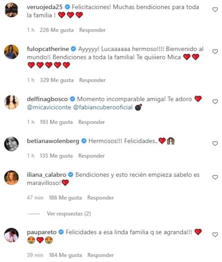 Los tiernos mensajes de los famosos a Mica Viciconte y Fabián Cubero por el nacimiento de Luca: "Muchas bendiciones para toda la familia"